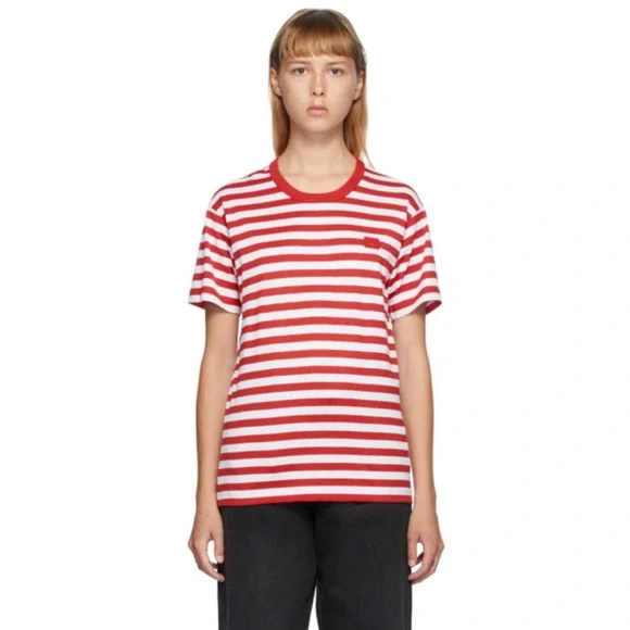ACNE STUDIOS Red & White Nash Striped Face Tshirt sz M - Picture 1 of 11